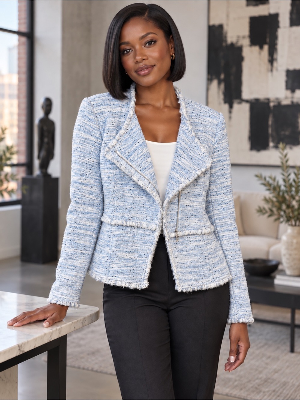 Amanda & Chelsea Light Blue Tweed Fringed Open Jacket